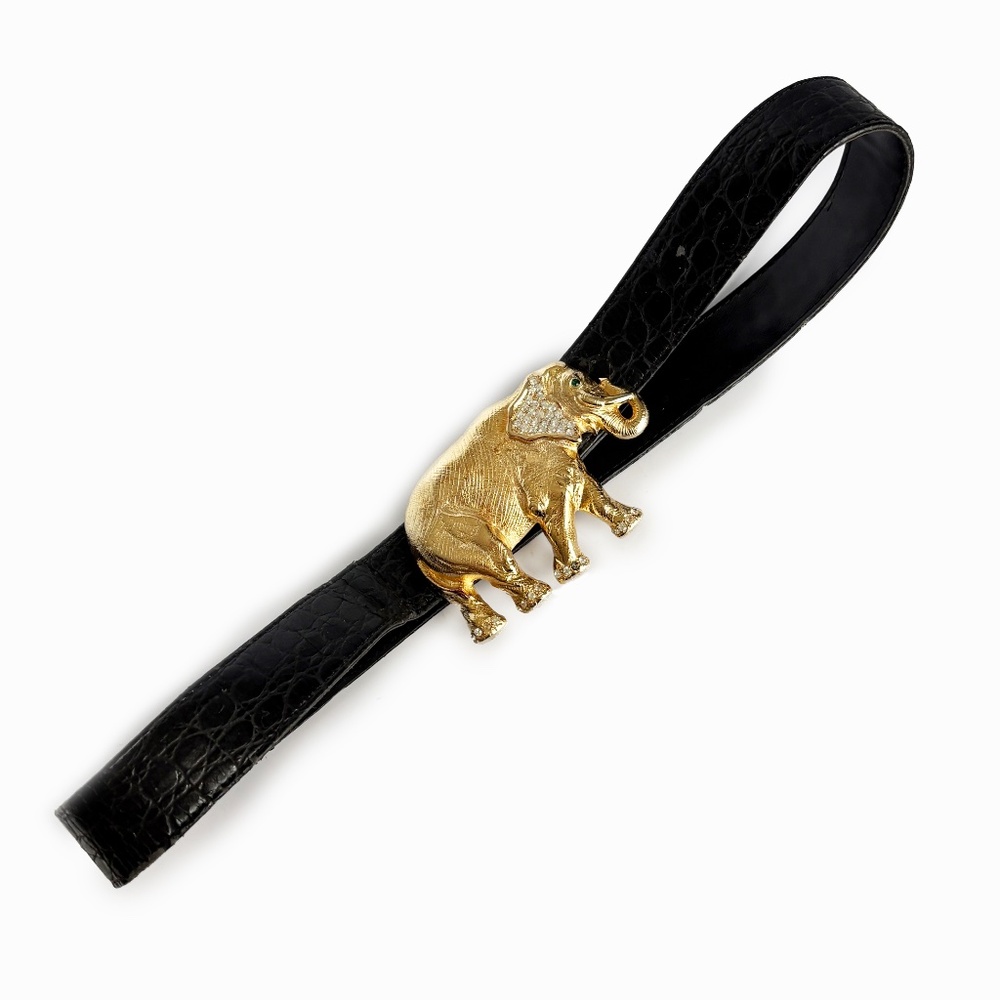 Elephant Belt Buckle with Rhinestones Vintage Retro 1980s with Croc Stamp Strap - Picture 2 of 12